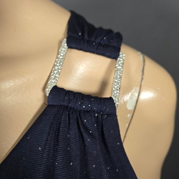 Y2K Mini Dress Size M Dark Blue Glitter One Shoulder Ruched Silver Buckle Fairy - Picture 3 of 9